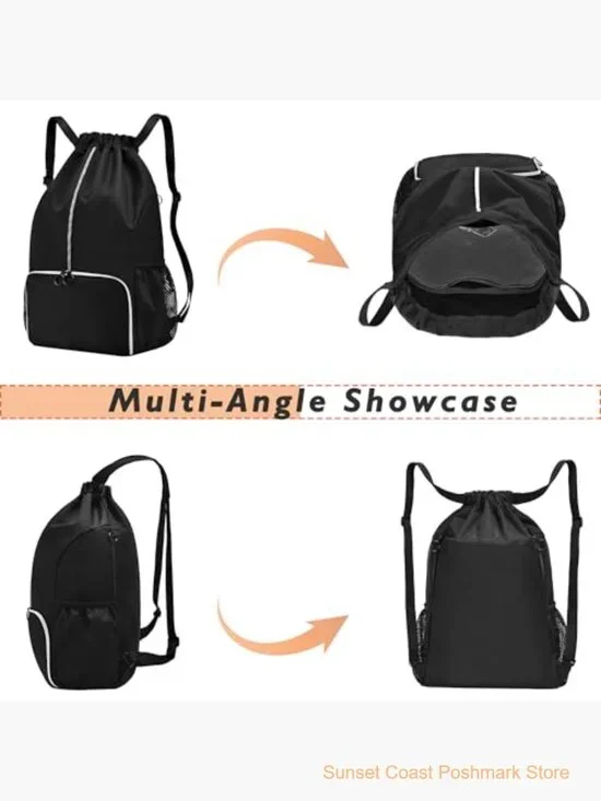 Waterproof Drawstring Backpack with Shoe Compartment Gym Travel Bag - Picture 4 of 7